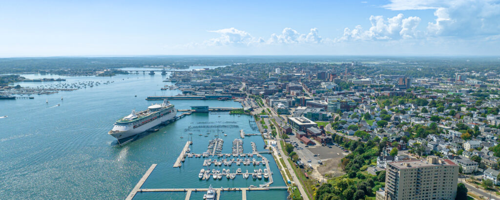 Aerial of Portland City with cruise ship; Photo Credit: Peter G. Morneau Photography