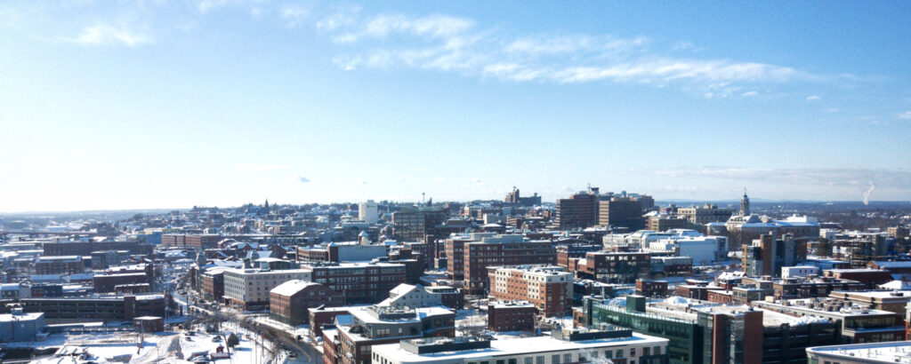 Aerial of Portland city in the winter; Photo credit: Capshore Photography